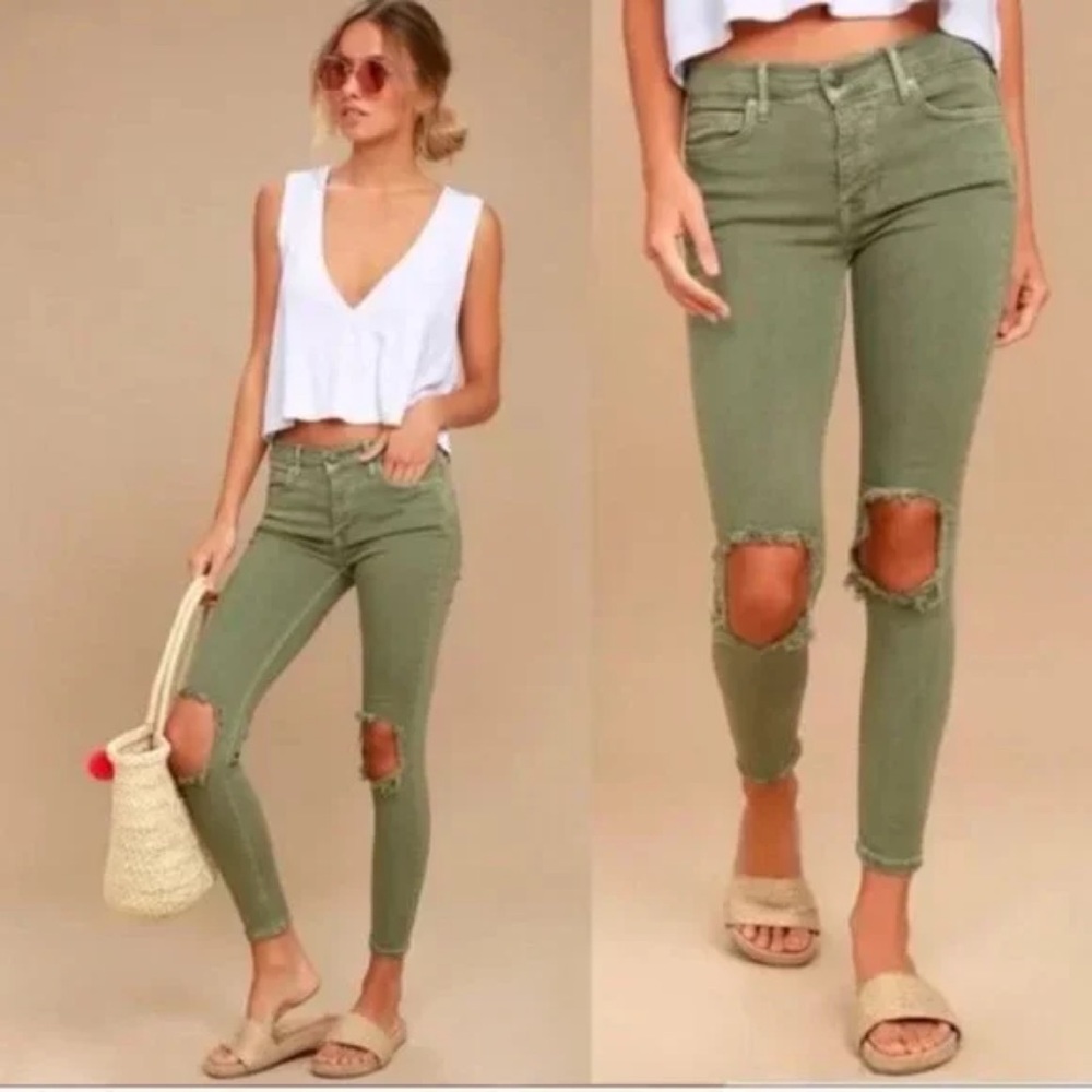 Free People Olive Green Distressed Skinny Jeans